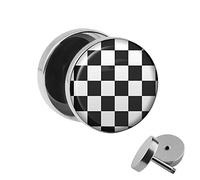 Treuheld | Ohrstecker zum Schrauben - Schachbrett - schwarz-weiß - Motiv Fake-Plug Ø 10mm Silber - Edel-Stahl Ohr-Ringe - Chirurgen-Stahl 316L Fake-Tunnel - Gewinde Ohr-Stecker - Schach-Brett