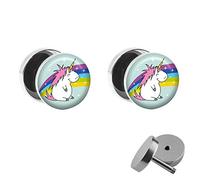 Treuheld® | Set - Dickes Einhorn mit Regenbogen - 2 Ohrstecker zum Schrauben mit Unicorn und Rainbow - Bunte Fake-Plugs mit kleinem Pony - Ø 10mm - Ohrringe Fakeplug - Edel-Stahl Ohrring mit Bild