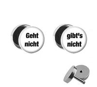 Treuheld® | Set - Geht Nicht gibt's Nicht - 2 Ohrstecker/Fake Plugs zum Schrauben mit Spruch - WEIß - Schwarze Ø 10mm Ohr-Ringe - Silber mit lustigem Spruch Weiß-Schwarz - Chirurgen-Stahl Edel-Stahl