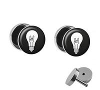 Treuheld® | Set - Glühbirne mit Rock'n'ROLL Hand - 2 Ohrstecker zum Schrauben - SCHWARZ-WEIßE Fake Plugs - Ø 10mm - Ohrringe Fakeplug - Silber Ohrring in Schwarz-Weiß - Chirurgenstahl Faketunnel