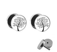 Treuheld® | Set - LEBENSBAUM - 2 Ohrstecker zum Schrauben mit Baum - Schwarz & Weiß Fake Plugs - Ø 10mm - Ohrringe Fakeplug mit Tree of Life - Silber Ohrring - Chirurgenstahl Faketunnel