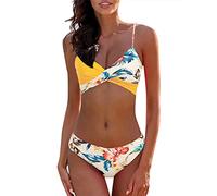 Triangel Bikini Damen Set - Spaghetti-Träger Bikini Damen Brazilian Style Zweiteilig Badeanzug Sexy Cross Wickeloptik Blumenmuster Farbblock Sling Bademode Badeanzüge Bikini-Sets für Damen