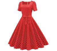 TRIGLICOLEUM 1950er Rockabilly Petticoat Kleid Damen Mittelalter Ballkleid Swingkleid Cocktailkleid Tunikakleid mit Schleifenknoten Langärmliges Abendkleid V-Ausschnitt Partykleid, Z2-rot, L