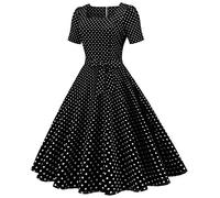 TRIGLICOLEUM 1950er Rockabilly Petticoat Kleid Damen Mittelalter Ballkleid Swingkleid Tunikakleid mit Schleifenknoten Langärmliges Abendkleid mit V-Ausschnitt Tupfendruck Partykleid, Z2-schwarz, S