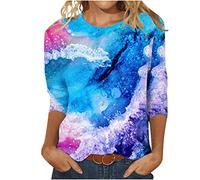 TRIGLICOLEUM 3/4 Ärmel Tshirt Damen Mode Rundhals Bluse Marmordruck Oberteile Basic Shirt Sommer Tunika Tops Pullover Party Longbluse T-Shirt Teenager Mädchen Longtops Locker Blusentops für Outdoor
