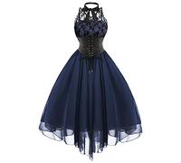 TRIGLICOLEUM Abendkleid Damen Gothic Partykleid Korsett Spitze Spleißen Ballkleid Einfarbig Neckholder Tunikakleid Chiffon Kleider Halloween Kostüm Vintage Steampunk Swing, #01 Dunkelblau, S