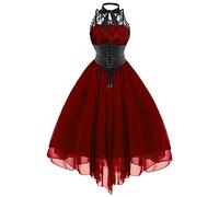 TRIGLICOLEUM Abendkleid Damen Gothic Partykleid Korsett Spitze Spleißen Ballkleid Einfarbig Neckholder Tunikakleid Chiffon Kleider Halloween Kostüm Vintage Steampunk Swing Cocktailkleid, #01 Wein, L