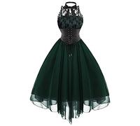 TRIGLICOLEUM Abendkleid Damen Gothic Partykleid mit Korsett Spitze Spleißen Ballkleid Einfarbig Neckholder Tunikakleid Chiffon Kleider Halloween Kostüm Steampunk Swing Cocktailkleid, L, #01 Grün