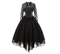 TRIGLICOLEUM Abendkleid Damen Gothic Partykleid mit Korsett Spitze Spleißen Ballkleid Neckholder Tunikakleid Chiffon Kleider Halloween Kostüm Vintage Steampunk Swing Cocktailkleid, #02 Schwarz, S