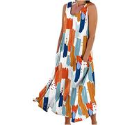 TRIGLICOLEUM Ärmellos Baumwoll Leinen Tankkleid Damen Einfarbig Sommerkleid Gestreifte Strandkleid Lose Rundhals Maxikleid A-Linie Kleider Große Größen Langes Partykleid mit Taschen,#04 Orange