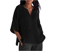 TRIGLICOLEUM Baumwolle Leinen Longbluse Damen Einfarbig Leinenbluse Oversized 3/4 Ärmel Tshirt V-Ausschnitt Bluse Tops Tunika Shirt T-Shirt Locker Große Größen Pullover Shirts, #011 Schwarz, XXL