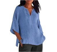 TRIGLICOLEUM Baumwolle Leinen Longbluse Damen Oberteile Retro Einfarbig Leinenbluse Oversized 3/4 Ärmel Tshirt Tunika Shirt T-Shirt Locker Blusenshirt Große Größen Pullover Shirts, #011 Himmelblau