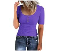 TRIGLICOLEUM Blitzangebote des Tages Enge Gerippt Tshirt Damen Knopfleiste Rundhals Pullover Einfarbig Slim Fit Bluse Tops Sommer Kurzarm Sexy Bodycon Oberteile Basic Shirt Stretch Pulli T-Shirt