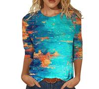 TRIGLICOLEUM Bluse Damen 3/4 Ärmel Oberteile Lustige Blumendruck Tshirt Tunika 2023 Shirt Sommer Rundhals Pullover Party Tee Tops Bunte Longbluse Blusen & Tuniken für Damen Locker T-Shirt Blusentops