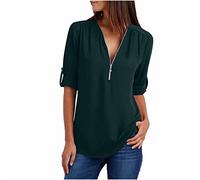 TRIGLICOLEUM Bluse Damen Chiffon V-Ausschnitt Longbluse mit Reißverschluss Einfarbig Langarmshirt GroßeGrößen Shirts Tunika Tops Slim Fit T-Shirt Hemdbluse Oberteile Blusenshirt Blusen, #03 Grün, 4XL