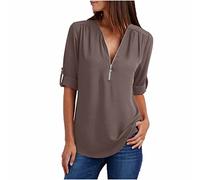 TRIGLICOLEUM Bluse Damen Chiffon V-Ausschnitt Longbluse mit Reißverschluss Einfarbig Langarmshirt GroßeGrößen Shirts Tunika Tops Slim Fit T-Shirt Hemdbluse Oberteile Blusenshirt Blusen 5XL,#03 Kaffee