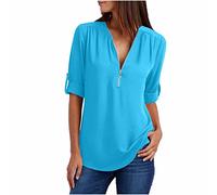 TRIGLICOLEUM Bluse Damen Chiffon V-Ausschnitt Longbluse mit Reißverschluss Einfarbig Langarmshirt Shirts Tunika Tops Slim Fit T-Shirt Hemdbluse Oberteile Blusenshirt Blusen 5XL, #02 Himmelblau