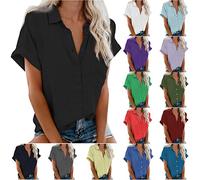 TRIGLICOLEUM Bluse Damen Einfarbig Blusenshirt Revers Shirts Kurzarm Tshirt Knöpfe Longbluse Einreihiges Hemd Tops V-Ausschnitt Shirt Hemdbluse Lose Oberteile Große Größen mit Tasche, #01 Schwarz