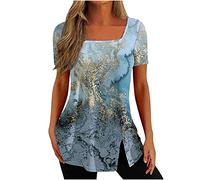TRIGLICOLEUM Bluse Damen Mode Farbverlauf Oberteile Quadratischer Hals Longbluse Locker Blusentops Kurzarm Tshirt Sommer Tops Pullover Shirt Bequeme Blusen Lange T-Shirt Tunika Große Größen Longtops