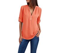 TRIGLICOLEUM Blusen Damen Chiffon V-Ausschnitt Langarmshirt mit Elegant Einfarbig Longbluse Bluse Tops Shirts Slim Fit Tshirt Leichte Hemdbluse Oberteile Blusenshirt 5XL, #04 Orange