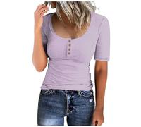 TRIGLICOLEUM Damen Blusen Enge Gerippt Tshirt Damen Knopfleiste Rundhals Pullover Einfarbig Slim Fit Bluse Tops Sommer Kurzarm Sexy Bodycon Oberteile Basic Shirt Stretch Pulli