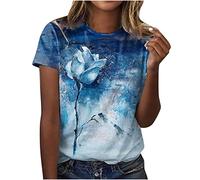 TRIGLICOLEUM Damen Oberteile Tshirt Bunte Blumen Drucken Bluse Kurzarm T-Shirt mit Rundhalsausschnitt Tee Tops Pullover Teenager Mädchen Pulli Tunika Shirt Lose T-Shirts Sportshirt, #01 Blau, XXL