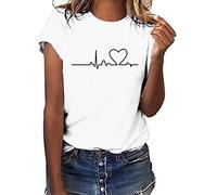 TRIGLICOLEUM Damen Oberteile Tshirt Kurzarm Bluse mit Rundhalsausschnitt Blumen Drucken T-Shirt Tee Tops Pullover Teenager Mädchen Pulli Tunika Shirt T Shirts Longbluse für Frauen, #02 Weiß
