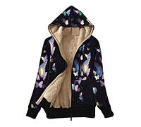TRIGLICOLEUM Damen Plüsch Wintermantel Zipper Plüschjacke Doppelte Gesichtsabnutzung Kapuzenjacke Bunt Schmetterlings Muster Winterjacke Winter Warm Fleecejacke Langarm Übergangsjacke Plüschmantel