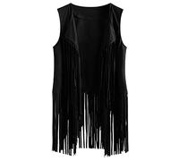 TRIGLICOLEUM Damen Wildleder Weste Fransen Ethnischen Stil Ärmellose Vest Jacke Große Größen Fransenweste Mantel Quasten Herbstjacke Lose Einfarbige Übergangsjacke Mittellange,#01 Schwarz,L