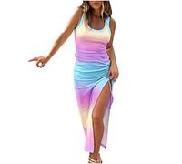 TRIGLICOLEUM Etuikleid Damen Enge Sommerkleid Sexy Ärmellos Tankkleid Gerippte Maxikleid mit Kordelzug Urlaub Strandkleid Einfarbig Schlitz Partykleid Lange Kleider Freizeitkleid Figurbetontes Kleid