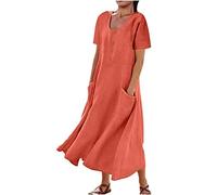 TRIGLICOLEUM Kleider Damen GroßeGrößen Retro Baumwoll Leinen Einfarbig kleid Kurzarm Blusenkleid Strandkleid Rundhals Maxikleid A-Linie-Kleid Lange Partykleid Locker kleid mit Taschen,#032 Orange, XL