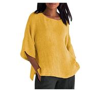 TRIGLICOLEUM Lange Leinenbluse Damen Einfarbig Oversize Tshirt Baumwolle Leinen Bluse Tunika Shirt Langarm V-Ausschnitt Locker Blusenshirt Große Größen Pullover Tops Longbluse Hemd,#01 Gelb, 3XL