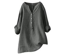 TRIGLICOLEUM Lange Leinenbluse Damen Einfarbig Oversize Tshirt Baumwolle Leinen Bluse Tunika Shirt Langarm V-Ausschnitt Locker Blusenshirt Große Größen Pullover Tops Longbluse Hemd 5XL,#07 Grau
