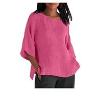 TRIGLICOLEUM Lange Leinenbluse Damen Oversize Tshirt Baumwolle Leinen Bluse Tunika Shirt Langarm V-Ausschnitt T-Shirt Locker Blusenshirt Große Größen Pullover Tops Longbluse Hemd 5XL, #01 Pink