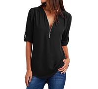 TRIGLICOLEUM Longbluse Damen Chiffon V-Ausschnitt Bluse mit Reißverschluss Einfarbig Langarmshirt Große Größen Tunika Tops Slim Fit Tshirt Hemdbluse Oberteile Blusenshirt 5XL,#01 Schwarz
