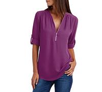 TRIGLICOLEUM Longbluse Damen Chiffon V-Ausschnitt Bluse mit Reißverschluss Einfarbig Langarmshirt Shirts Tunika Tops Slim Fit Tshirt Hemdbluse Oberteile Blusenshirt Blusen 5XL, #01 Violett