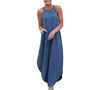TRIGLICOLEUM Neckholder Jeanskleid Damen Vintage Einfarbig Denim Sommerkleid Sexy Schulterfrei Camisole Kleid Wickelkleid Strandkleid Langes Kleid Maxikleid mit Unregelmäßigem Saum Freizeitkleid