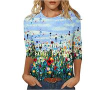 TRIGLICOLEUM Oberteile Damen Bunte 3/4 Ärmel Tshirt Rundhals Bluse Blumendruck Shirt Sommer Tunika Tops Longbluse Pullover Teenager Mädchen Bequeme T-Shirt Blusen & Tuniken für Damen Beachwear Frauen