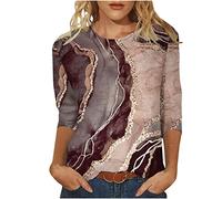 TRIGLICOLEUM Oberteile Damen Dreiviertelärmel Bluse Lässige Marmordruck Tshirt 2023 Tunika Shirt Sommer Pullover mit O-Ausschnitt Tee Tops Longbluse All Match T-Shirt Locker Blusentops für Geschenk
