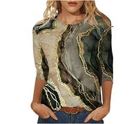 TRIGLICOLEUM Oberteile Damen Dreiviertelärmel Bluse Lässige Marmordruck Tshirt 2023 Tunika Shirt Sommer Pullover mit O-Ausschnitt Tee Tops Longbluse All Match T-Shirt Locker Blusentops für Geschenk