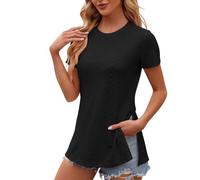 TRIGLICOLEUM Oberteile Damen Rundhals Kurzarm Tshirt Lässige Bluse mit Schlitz Einfarbig Sommer Shirt Locker Pullover Tee Tops Bequem Longshirt Casual Tunika Basic T-Shirt Longbluse Blusen Sportshirt