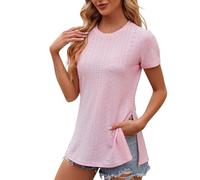 TRIGLICOLEUM Oberteile Damen Rundhals Kurzarm Tshirt Lässige Bluse mit Schlitz Einfarbig Sommer Shirt Locker Pullover Tee Tops Bequem Longshirt Casual Tunika Basic T-Shirt Longbluse Blusen Sportshirt