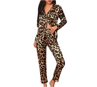 TRIGLICOLEUM Schlafanzug Set Damen Pyjama mit Leopardenmuster Lässiges Nachthemd mit Umlegekragen Bequeme Langärmlige Homewear Zweiteilige Nachtwäsche Warm Button Loungewear +Lange Hosen