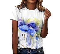 TRIGLICOLEUM Shirt Damen Oberteile Sommer Tshirt Kurzarm Bluse mit Rundhalsausschnitt Bunte Blumen Drucken T-Shirt Tee Tops Pullover Teenager Pulli Tunika T Shirts Longbluse für Frauen,#041 Blau