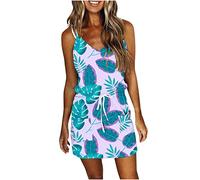 TRIGLICOLEUM Sommerkleid Damen Kurzärmelige Strandkleid mit V-Ausschnitt Sexy Gestreifte Druck Minikleid Skaterkleid mit Tunnelzug Kurze Lockere Kleid A-Linien-Kleid Freizeitkleid Mit Taschen