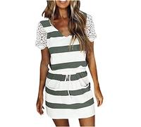 TRIGLICOLEUM Sommerkleid Damen Kurzärmelige Strandkleid mit V-Ausschnitt Sexy Gestreifte Druck Minikleid Skaterkleid mit Tunnelzug Kurze Lockere Kleid A-Linien-Kleid Freizeitkleid Mit Taschen