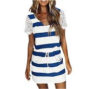 TRIGLICOLEUM Sommerkleid Damen Kurzärmelige Strandkleid mit V-Ausschnitt Sexy Gestreifte Druck Minikleid Skaterkleid mit Tunnelzug Kurze Lockere Kleid A-Linien-Kleid Freizeitkleid Mit Taschen