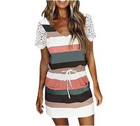 TRIGLICOLEUM Sommerkleid Damen Kurzärmelige Strandkleid mit V-Ausschnitt Sexy Gestreifte Druck Minikleid Skaterkleid mit Tunnelzug Kurze Lockere Kleid A-Linien-Kleid Freizeitkleid Mit Taschen