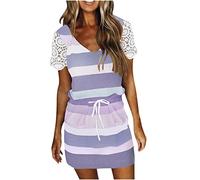 TRIGLICOLEUM Sommerkleid Damen Kurzärmelige Strandkleid mit V-Ausschnitt Sexy Gestreifte Druck Minikleid Skaterkleid mit Tunnelzug Kurze Lockere Kleid A-Linien-Kleid Freizeitkleid Mit Taschen