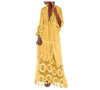 TRIGLICOLEUM Strandkleid Frauen Bohemian Einfarbig Sommerkleid Lange Kleider mit Spitze Langarm Tunika Kleid mit V-Ausschnitt Große Größen Maxikleid A-Linien-Kleid Freizeitkleid Urlaubskleid 5XL